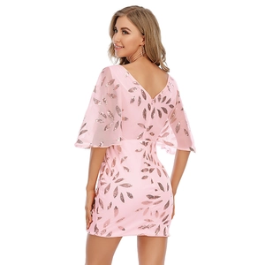 Pink sequin mini dress with deep V-back and flutter sleeves for elegant evening parties