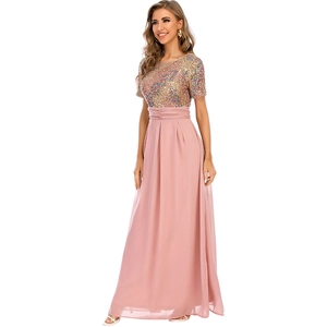 Elegant pink chiffon maxi dress with sequined gold bodice for party and evening events