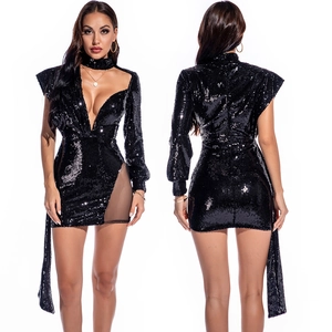 Robe Mini Sexy Asymétrique à Paillettes pour Femmes Épissage de Maille Col en V Une Manche Robe de Soirée Bodycon