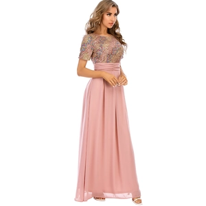 Elegant pink sequin chiffon maxi dress with short sleeves for formal evening occasions