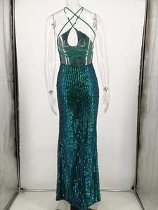 Detail of green and blue sequins on backless halter neck long evening dress