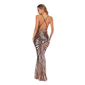 Sparkly rose gold and black sequin evening gown with criss-cross back and mermaid silhouette