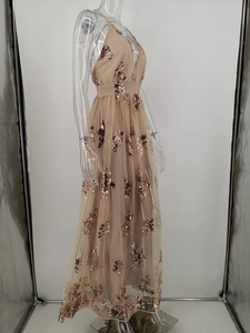 Detail of sequin floral embroidery and sheer mesh hem on a champagne evening gown