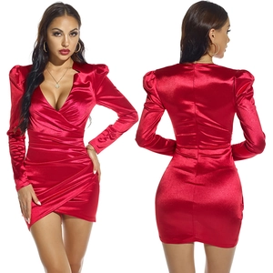 Femme Sexy Satin Col V Manches Longues Robe Courte Froncé Croisé Soirée Élégant Bodycon Manches Bouffantes Cocktail Robe