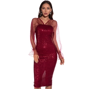Detail of burgundy sequin dress showing V-neck and sheer mesh sleeves with polka dots