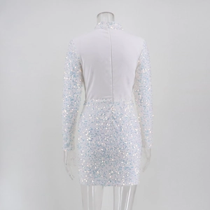 Detailed back view of white sequin mini dress featuring a high neck and hidden zipper