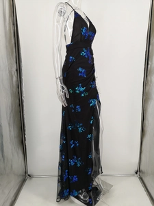 Detail of sequin evening gown with high slit and plunging V-neckline in emerald green and blue