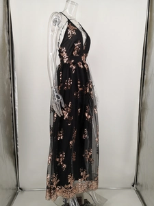 Detail of rose gold sequin floral embroidery on a black mesh evening dress with thin straps