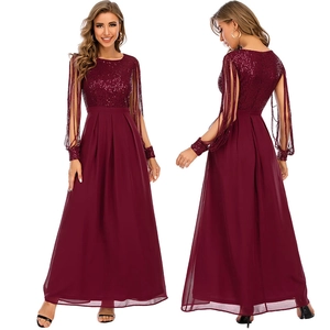 Elegant Burgundy Sequin Tassel Long Sleeve Maxi Dress For Women Sexy Chiffon Patchwork High Waist Evening Party Banquet Gown