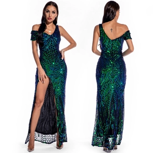 Elegant Off Shoulder Sequin Evening Gown For Women Sexy High Split Formal Party Dress Vintage Geometric Maxi Long Dress