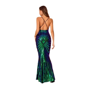 Sexy backless sequin mermaid dress with green and purple scales and thin straps