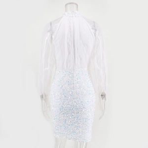 Rear view of white sequin dress with mesh panels and elegant silver stripes texture
