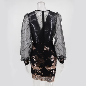 Detail of back view mesh dots and golden floral sequin embroidery on bodycon dress