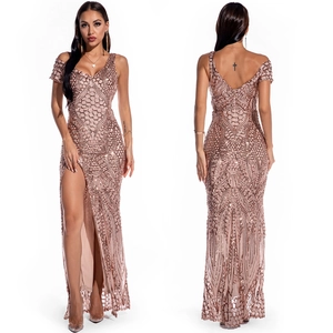 Elegant rose gold sequin evening dress with cold-shoulder design and high slit