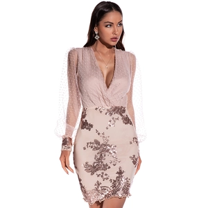 Detail of sheer polka dot mesh sleeves and floral sequin embroidery on mini dress