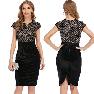 Robe Midi Moulante Sexy pour Femmes Patchwork de Maille à Paillettes Col Rond Élégante Aspect Velours pour Fête
