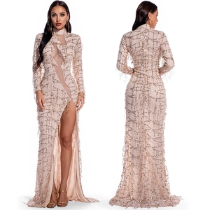 Women Sexy Mesh Patchwork Sequin Evening Dress Long Sleeve High Slit Slim Fit Transparent Formal Party Banquet Gown