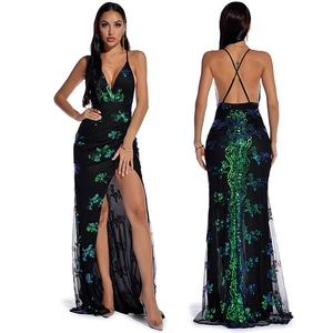 Women Sexy Sequin Sleeveless Backless Evening Gown Deep V Neck High Slit Slip Maxi Dress For Party Banquet Wedding
