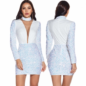 Sexy slim white sequin mini dress with deep V-neck and matching choker for women