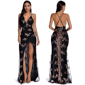 Elegant backless black sequin gown with gold embroidery and high slit detail