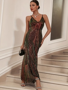 Elegant backless sequin maxi dress with geometric patterns and thin V-neck straps