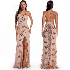Elegant champagne sequin embroidered evening gown with deep V-neck and high leg slit