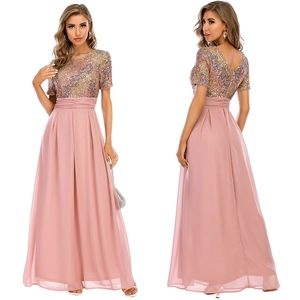 Women Sexy Sequin Patchwork Chiffon Maxi Dress Short Sleeve Round Neck V-Back High Waist Elegant Evening Party Long Dress
