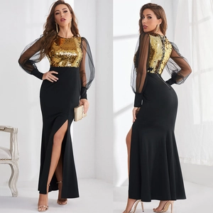 Elegant Women Gold Sequin Spliced Maxi Dress Black Mesh Long Sleeve High Slit Sexy Evening Prom Party Gown Round Neck