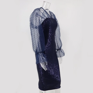 Detail of dark blue sequined dress featuring sheer polka dot mesh lantern sleeves