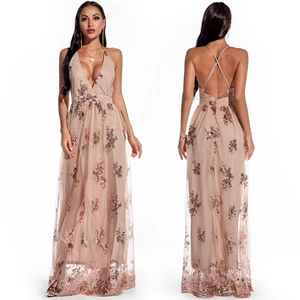 Sparkly champagne sequin maxi dress with deep V-neck and criss-cross back detail