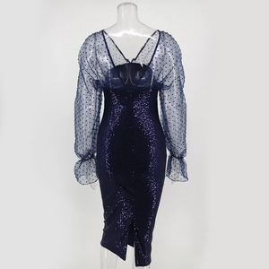 Detail of sequin evening dress featuring backless design and polka dot mesh sleeves