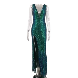 Slim fit backless sequin evening dress with deep V-neck and high side slit in dark green