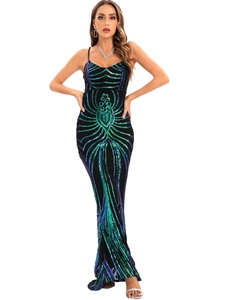 Detailed view of backless sequins evening gown with symmetrical gradient patterns