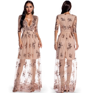Robe de Soirée Sexy Col en V à Paillettes Femmes Vintage Broderie Florale Maille Longue Robe de Fête Élégante Robe de Banquet Maxi