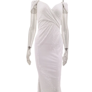 Elegant white sequin V-neck evening gown with cross-wrap front and slim fit mermaid hem