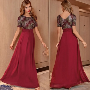 Women Elegant Sequin Patchwork Chiffon Maxi Dress Round Neck Short Sleeve High Waist Burgundy Pink Party Evening Gown