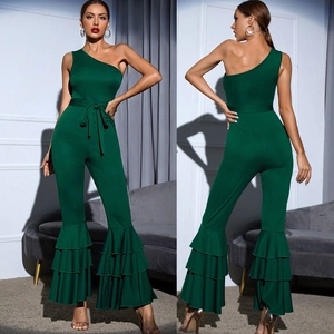 Women One Shoulder Ruffle Hem Jumpsuit Sexy Slim Fit Dark Green Wide Leg Long Romper With Waist Belt For Party Banquet
