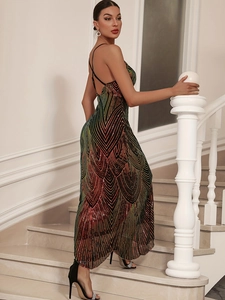 Elegant backless sequin evening gown with colorful gradient peacock pattern and thin straps