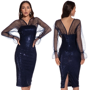 Women Sexy V-Neck Sequin Evening Dress Long Polka Dot Mesh Patchwork Sleeve Elegant Bodycon Banquet Party Maxi Gown