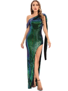 Detail of green and blue gradient sequins on a one-shoulder evening dress with high slit