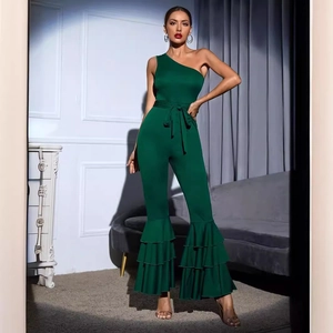 Sexy dark green one-shoulder jumpsuit with waist tie and ruffled flared leg pants