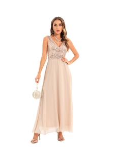 Detailed champagne sequin V-neck evening gown with flowing chiffon skirt for parties