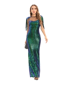Detail of evening gown featuring green gradient sequins, mesh neckline and black tassels