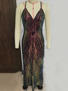Sexy backless sequin maxi dress with colorful geometric patterns and deep V-neck style