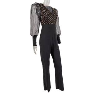Sexy black jumpsuit with gold sequin pattern V-neck top and sheer mesh long puff sleeves
