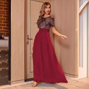 Elegant sequined patchwork evening dress with deep red chiffon skirt for formal parties