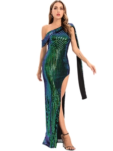 Detail of gradient green sequin evening dress with one-shoulder design and high slit