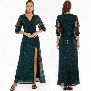 Women Sexy Vintage V-Neck Sequin Maxi Dress High Slit Elegant Half Sleeve Evening Party Banquet Gown