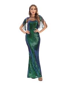 Detailed view of green sequin evening gown with shoulder fringe and sheer mesh neckline