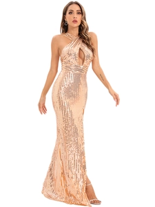 Detail of champagne gold sequin dress with halter neck and teardrop cutout design